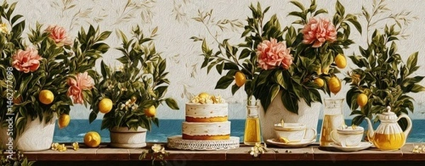 Fototapeta Fresh cake and flowers on elegant table display.