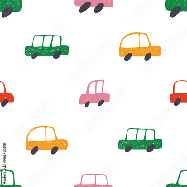 Fototapeta Seamless pattern featuring colorful toy cars on a white background, creating a playful and vibrant design suitable for children s products, fabrics, and decorative projects