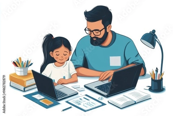 Fototapeta Father and daughter engage in digital learning with laptops at home in a modern urban setting during daylight hours