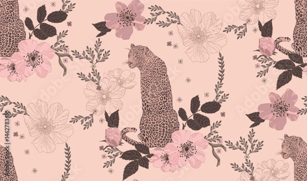 Fototapeta Pattern with leopard and floral elements drawn on a brick background