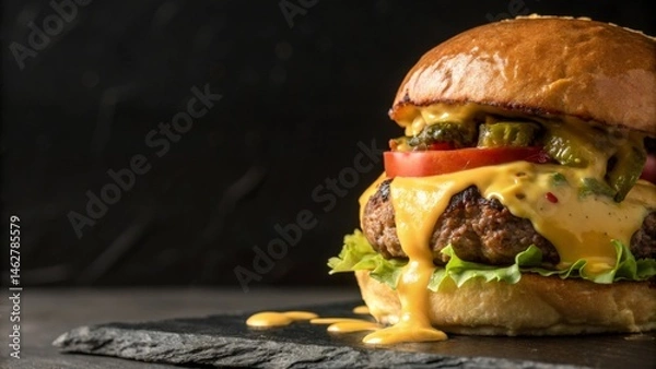 Fototapeta Juicy cheeseburger featuring melted cheddar, fresh tomato, crisp pickles, green lettuce resting on dark slate plate