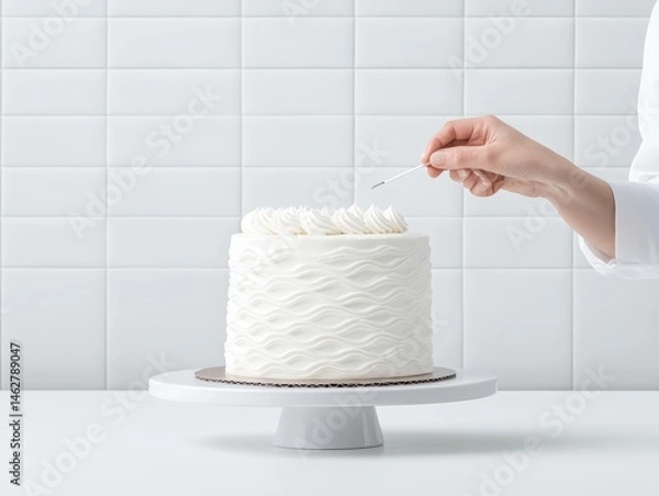 Fototapeta Decorator applying frosting to a white cake