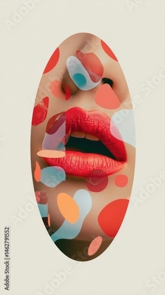Fototapeta Abstract red lips with colorful overlay in surreal pop art composition for modern fashion design or editorial illustration