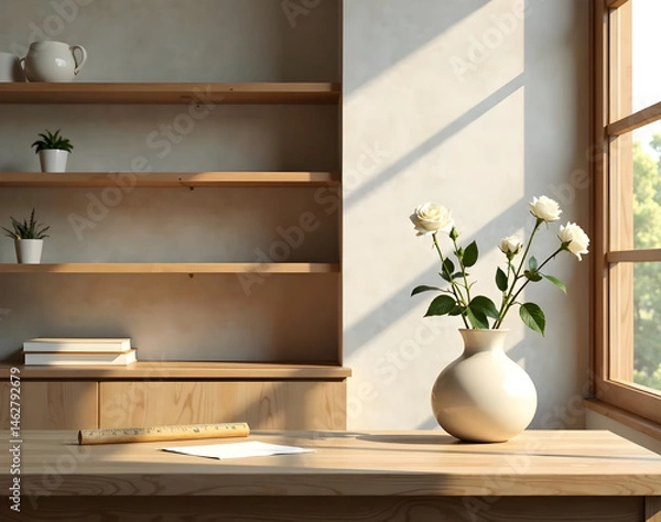 Fototapeta empty shelves in a modern minimalist interior with subtle aged wood texture, warm linen fabric backdrop, and soft ambient light spilling from a nearby window with intricate wooden blinds and a hint of