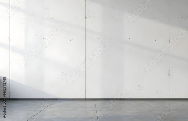 Fototapeta text="Perfectly Blank White Wall" in clean sans-serif 48pt, centered on a subtle polished concrete background with a thin, dark gray accent line at the edges. Generous negative space surrounds the tex