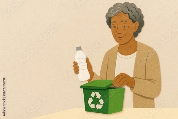 Obraz Illustration of an elderly person recycling a plastic bottle into a green bin with a recycling symbol