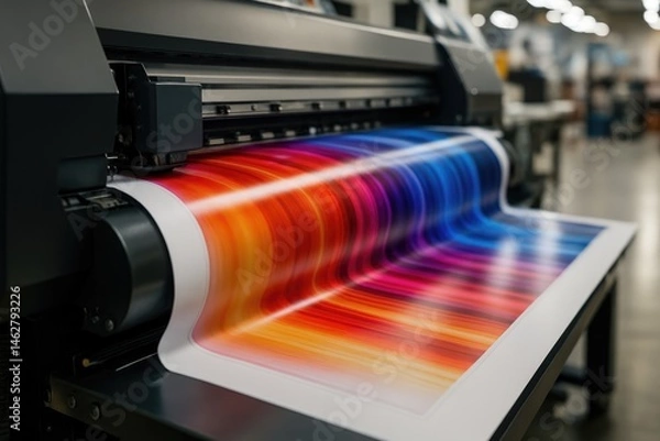 Obraz Close-up of wide-format digital printer producing vibrant gradient prints in industrial setting