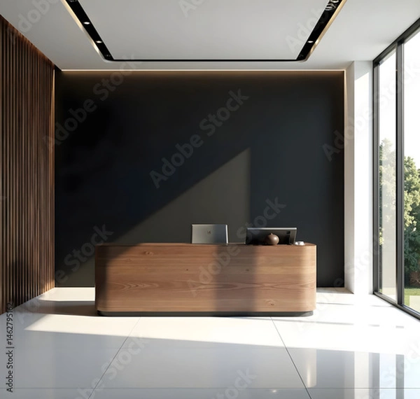 Fototapeta empty conference room with polished white epoxy‑coated floors, seamless black seamless gradient backdrop, and a sleek wooden reception desk in warm walnut finish. Hang sheer gray gossamer fabric to fi