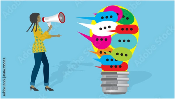 Obraz Woman with megaphone shouting out her messages. Communication and ideas. Persuade. Vector illustration.