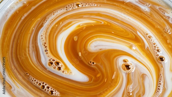 Fototapeta Cream swirls into coffee, creating a captivating pattern in a cup. The rich brown and creamy white colors merge beautifully, providing a delightful morning beverage