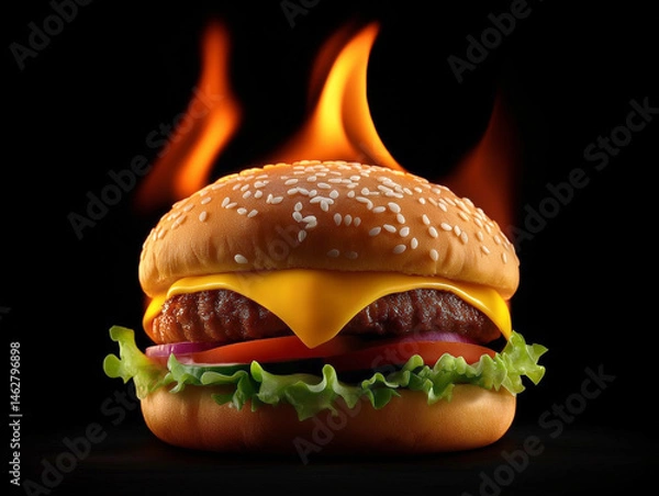 Fototapeta A juicy cheeseburger with a sesame seed bun, melted cheddar, fresh vegetables and a grilled beef patty surrounded by a dynamically flaming fire