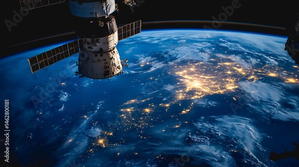 Obraz Observation de la planète depuis l’espace avec les lumières des grandes villes visibles, révélant l’urbanisation et la beauté nocturne de la Terre.