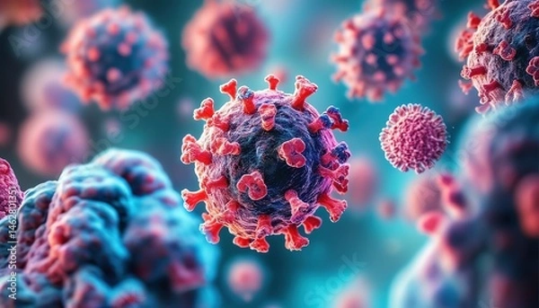 Fototapeta 3D microscopic visualization of viral particles with spike proteins, background for healthcare and science themes
