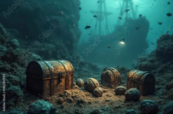 Fototapeta A cluster of old treasure chests lies beneath shipwreck debris, surrounded by marine life. Generative AI