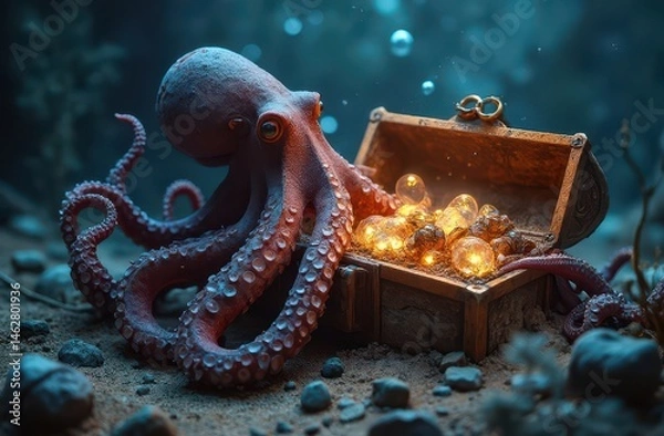 Fototapeta An octopus wraps around a treasure chest filled with glowing jewels and ancient relics. Generative AI
