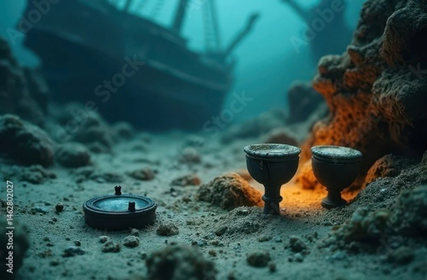 Fototapeta Scattered pirate loot, including goblets and a compass, litters the sandy bottom near a shipwreck. Generative AI