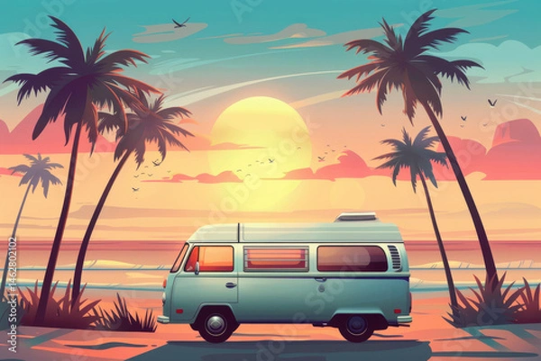 Fototapeta Vintage camper van enjoying tropical sunset on beach, embracing wanderlust and freedom