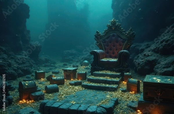 Fototapeta A sunken pirate throne surrounded by gold, gems, and old treasure boxes in a dim blue haze. Generative AI