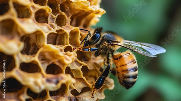 Obraz Un insecte pollinisateur se déplace sur une ruche, extrait du nectar puis le dépose dans une alvéole. L'activité se déroule en plein été, entourée de verdure.