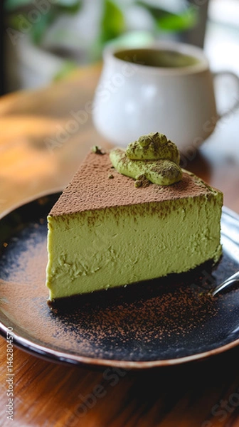 Obraz Une part de gâteau crémeux au thé matcha est présentée sur une assiette sombre. Une tasse de café est visible à l'arrière-plan, ajoutant une ambiance conviviale et chaleureuse.