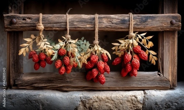 Fototapeta Red fruit harvest hangs in rustic window