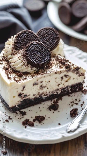 Obraz Un gâteau crémeux, garni de morceaux de biscuits au chocolat, est présenté sur une assiette blanche. Des miettes de biscuits décorent le plat, ajoutant une touche gourmande.