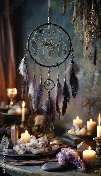 Fototapeta A dreamcatcher adorned with moon and star motifs, surrounded by crystals and candles in an ethereal