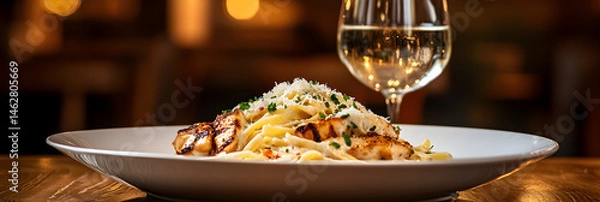 Obraz Savory Fettuccine Alfredo with Grilled Chicken: Indulgent Creamy Pasta Dish on Rustic Table, Paired with Refreshing White Wine for a Perfect Gourmet Delight