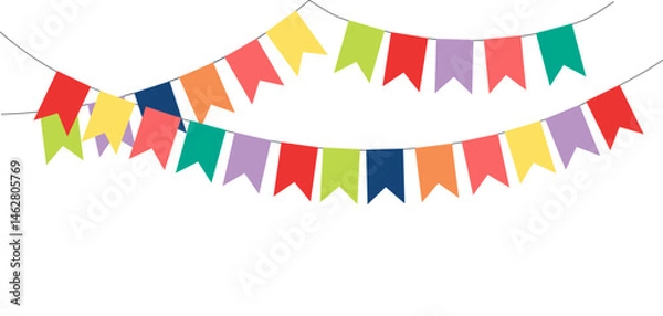 Obraz Bunting, little flags hanging on string, festive decorations, garland, isolated vector illustration. Birthday party, holiday celebration, festival, carnival, anniversary, Festa Junina design element