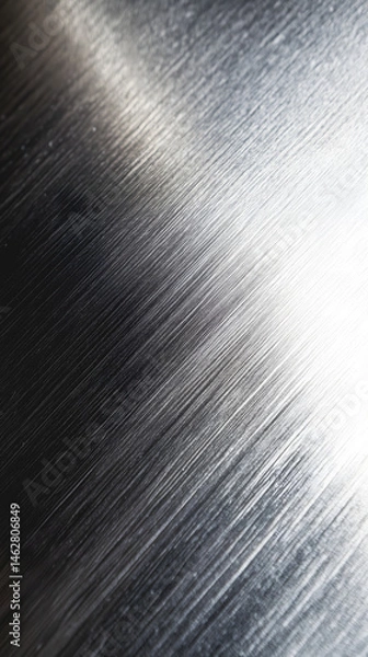 Obraz Une surface métallique brillante montre des textures linéaires et des reflets lumineux sous un éclairage doux. La finition révélée évoque la modernité et l'élégance.