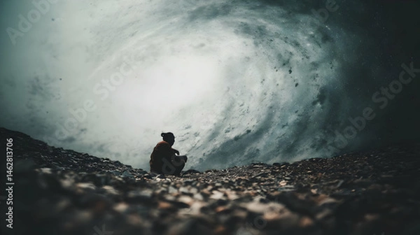 Fototapeta with swirling galaxies around his head sitting on a mountain of crystals