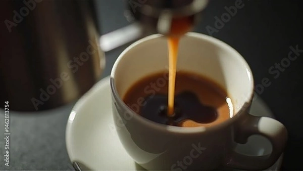 Obraz Close-up view of espresso being poured into a white ceramic cup on a saucer, showing the rich crema forming on top, perfect for coffee shop promotions or cooking blogs.