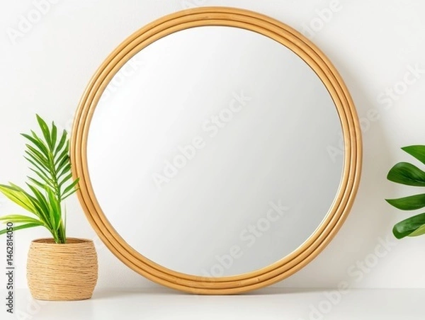 Fototapeta Round mirror with plant, simple, elegant