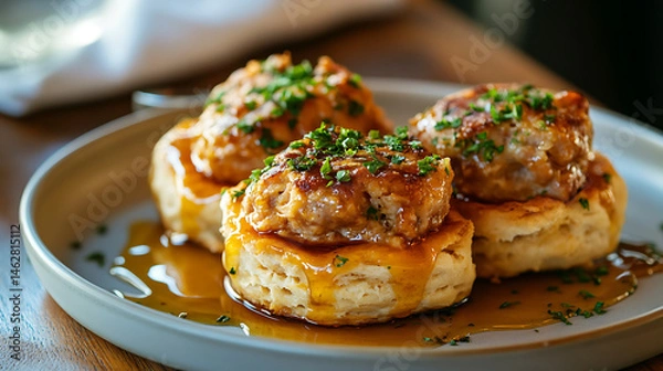Fototapeta Delicious Southern style biscuits topped with savory sausage patties and drizzled with honey create mouthwatering dish that is both comforting and satisfying