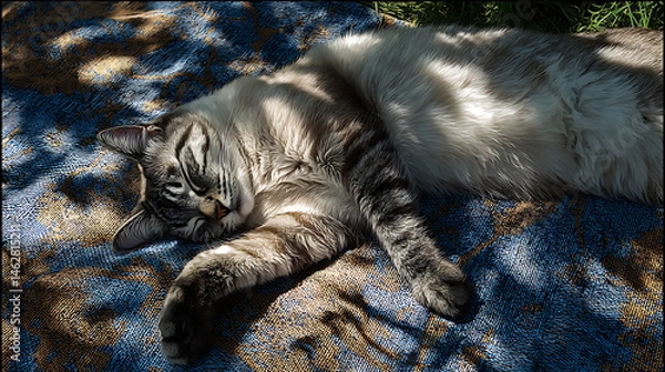 Fototapeta Relaxed cat lies on blue blanket, basking in dappled sunlight filtering through trees. serene atmosphere captures peaceful moment in nature