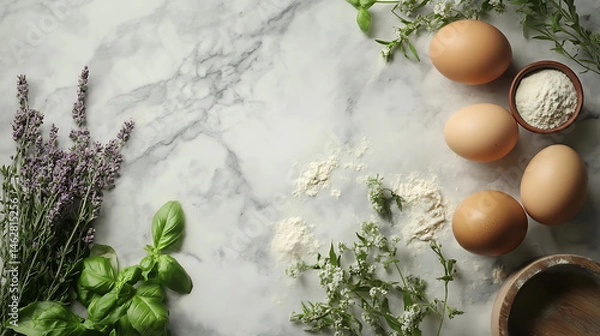 Fototapeta Fresh ingredients for pasta preparation are beautifully arranged on marble surface, featuring eggs, flour, and aromatic herbs like basil and lavender, evoking sense of culinary creativity