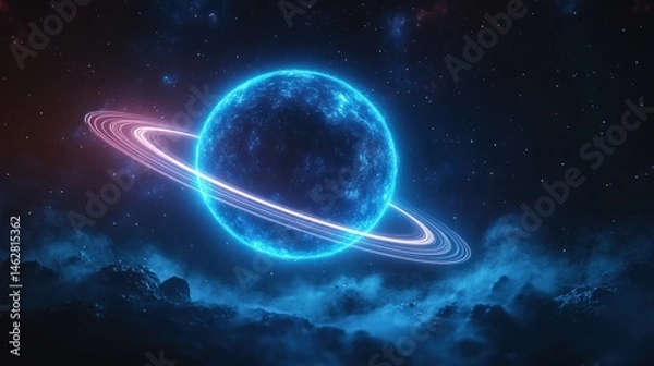 Obraz Cosmic ringed planet in vibrant nebula.  A glowing, ringed planet dominates a vast expanse of space.  Vibrant blues and purples highlight the nebula, and distant nebulae light up the darkness