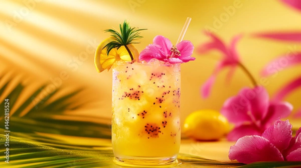 Fototapeta Vibrant tropical drink featuring refreshing blend of lemonade infused with dragonfruit, garnished with slice of lemon, sprig of pineapple, and colorful flowers, evoking sunny paradise