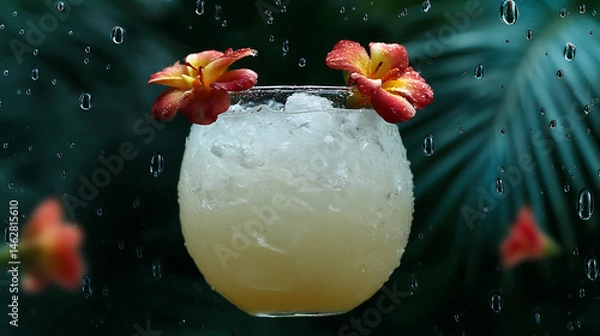 Fototapeta Refreshing tropical drink with ice, garnished with vibrant flowers, set against lush green background with raindrops, evoking serene and exotic atmosphere