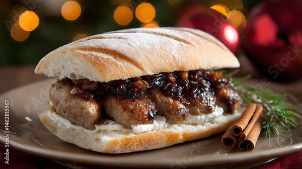 Fototapeta Delicious winter holiday sandwich featuring spiced sausage, creamy spread, and rich fig sauce, perfect for festive gatherings and cozy meals