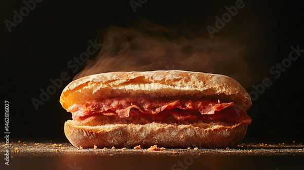 Fototapeta Delicious sausage sandwich is presented in backlit style, showcasing warm, steaming meat nestled between fresh bun. inviting aroma and texture create appetizing visual experience