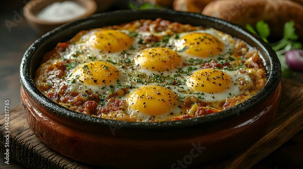 Fototapeta A rustic dish of Huevos a la Flamenca, Flamenco-Style Baked Eggs, with eggs baked in a rich tomato and chorizo sauce, served in a small clay pot