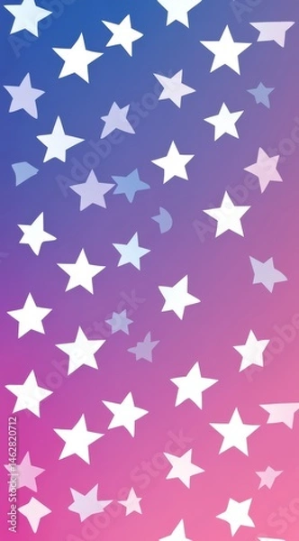 Fototapeta Stars cascading down a vibrant gradient.  White stars of varying sizes and shades against a backdrop of blue, purple and pink