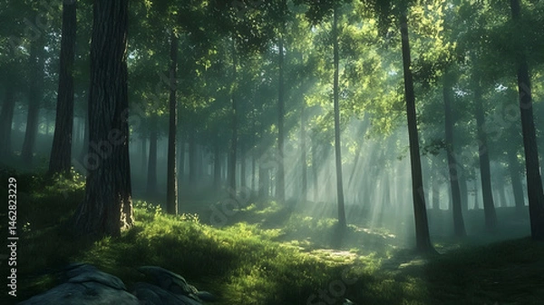 Fototapeta Serenity in the Pines: An Enchanting Forest Retreat that Invites Tranquility and Connects You with Nature's Serenity and Beauty Amidst Tall, Towering Trees and Rustic Earthy Aromas