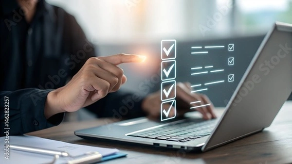 Obraz Businessman touching to tick correct mark in checklist with progressive loading status to remind work task progressive for project develop management and tracking concept.