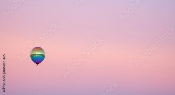 Obraz Close up view of floating rainbow colored balloon on pastel gradient sky backdrop minimal concept graphic resource for Pride month celebration or freedom themes.