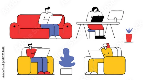 Fototapeta office workplaces collection vector illustration of diverse office workers using their laptops and computers by desktops on the sofa and armchair isolated on white 080525