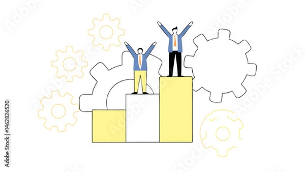 Fototapeta two businessmen in suits standing on the top of the graph with raised arms abstract background with gears 080525
