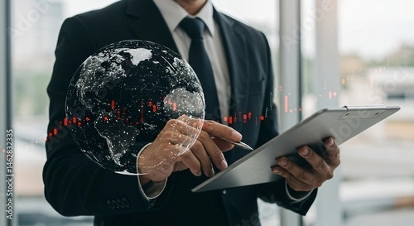 Fototapeta Businessman Using Data Technology for Global Finance Strategy, Driving Business Growth, Market Optimization, and Forecasting Sustainable Economic Trends.