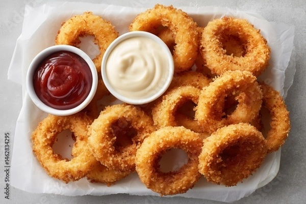 Fototapeta Crispy Fried Onion Rings with Dipping Sauces